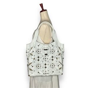 Rare RAFE White Leather Canvas Cutout Metal Stud Tote Shoulder Bag Large